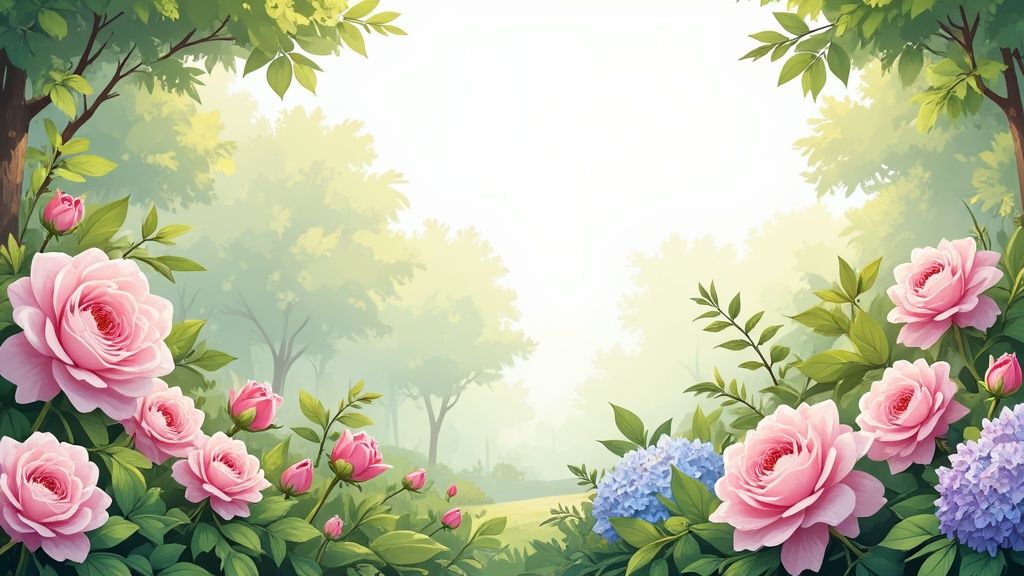 A vibrant, dreamy garden scene with pink roses, blue hydrangeas, and lush green trees.