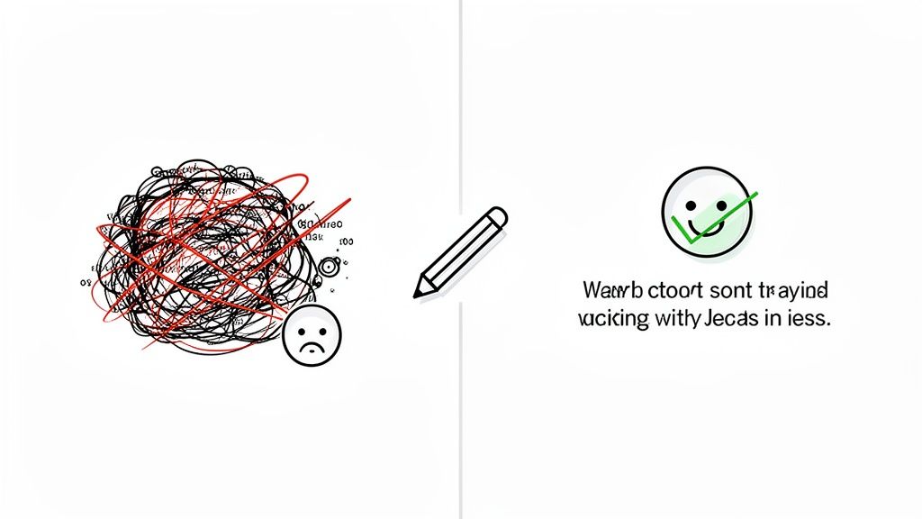 A diagram showing a messy, scribbled problem with a sad face being transformed by a pencil into a clear solution with a happy, checked face.