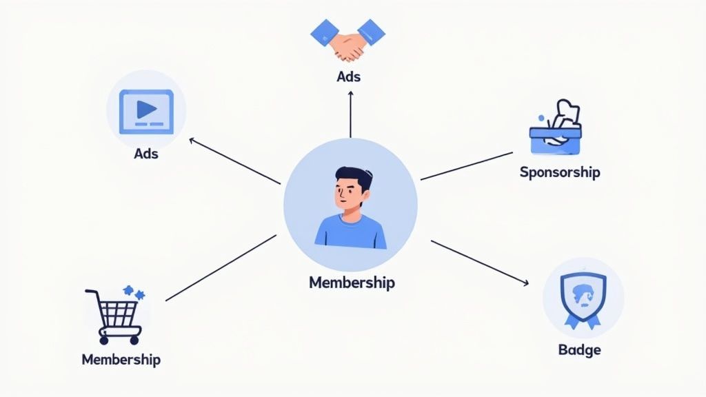 Diagram illustrating membership benefits and revenue streams including ads, sponsorship, badges, and shopping.