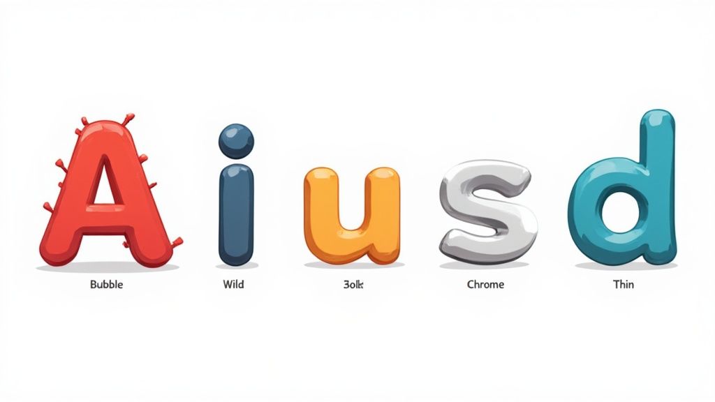 Five colorful stylized letters A, i, u, s, d with distinct styles: Bubble, Wild, 3olk, Chrome, Thin.