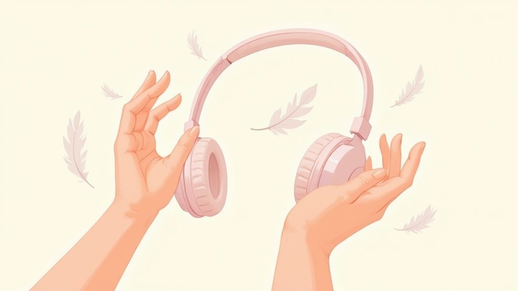Hands gently hold light pink wireless headphones amidst floating feathers, suggesting comfort.