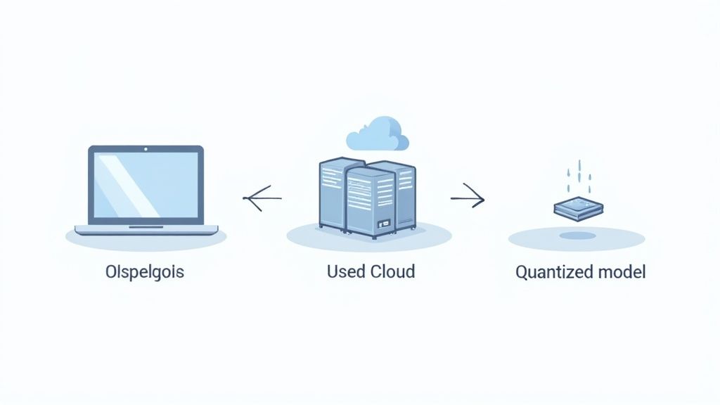 A diagram illustrating data processing from a laptop through cloud servers to a quantized model.