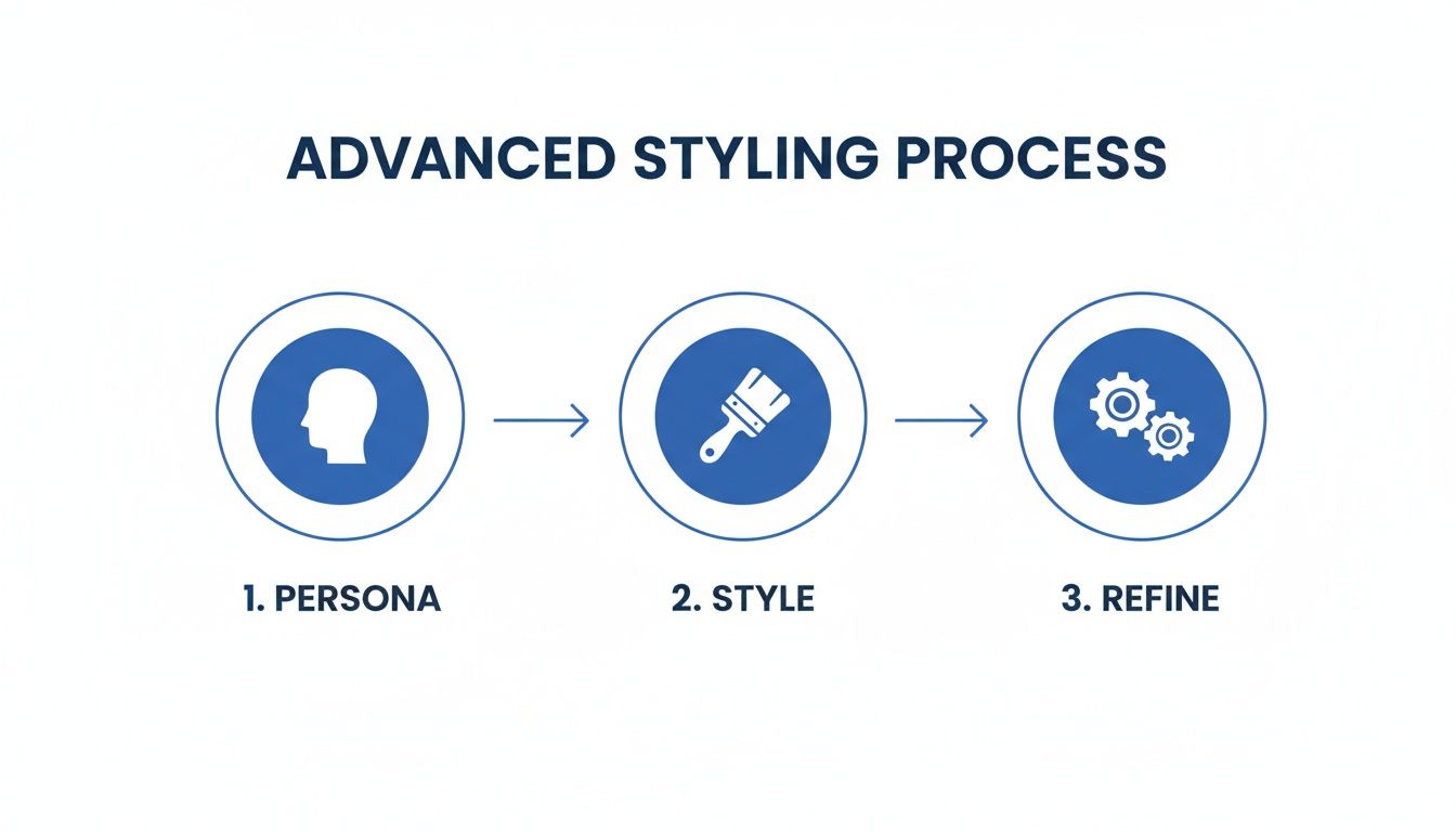 Flowchart showing a three-step advanced styling process: Persona, Style, and Refine.
