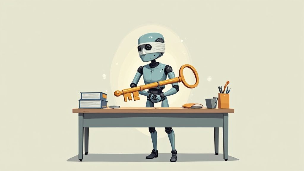 Robot holding large golden key at desk with books and office supplies illustration