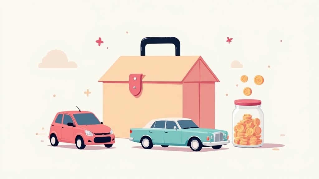 Illustration of cars, toolbox house, and coin jar representing personal assets and savings management