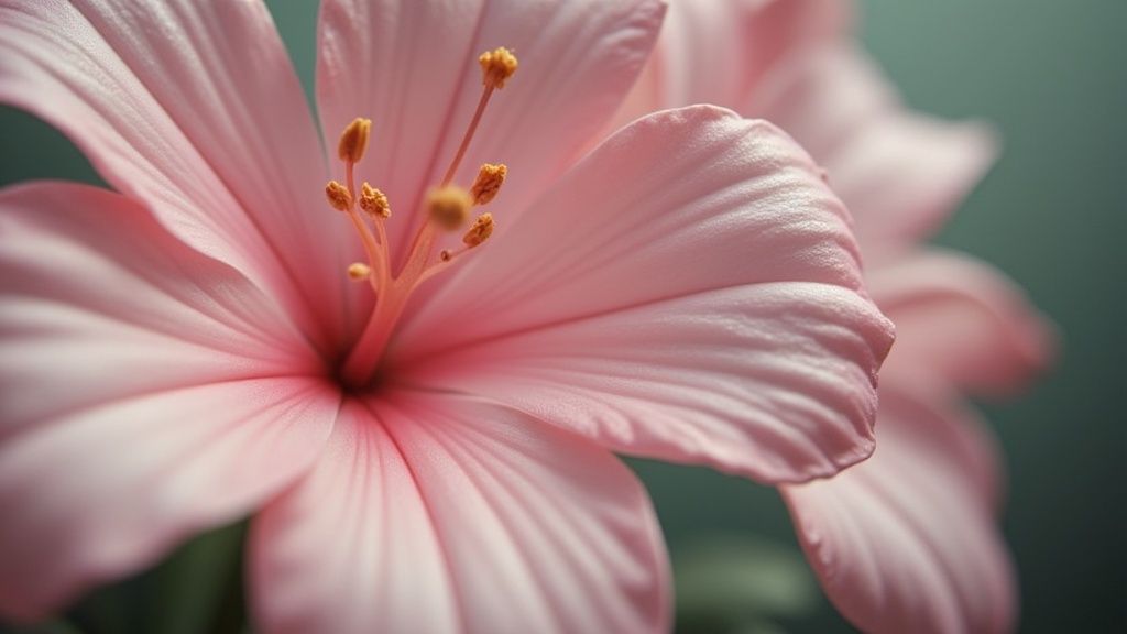 Close-up of a vibrant pink hibiscus flower with prominent stamen against a soft green background.