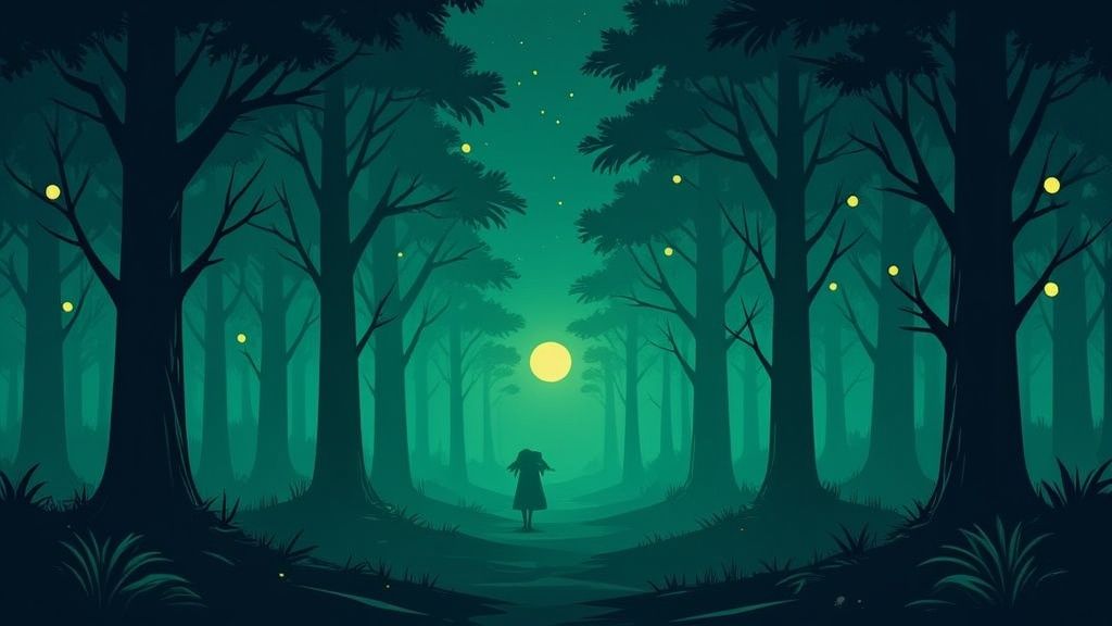 A dark, mystical forest at night with a person, glowing orbs, and a bright moon.
