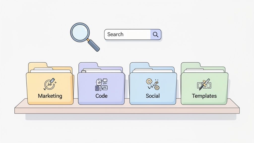 Digital folders for Marketing, Code, Social, and Templates, with a search bar above.