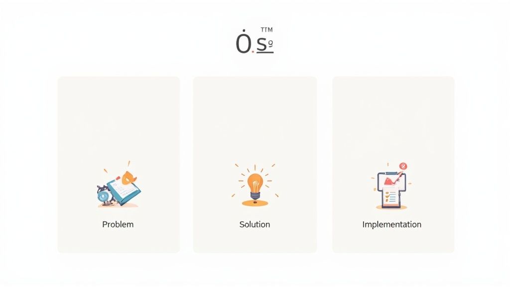 Three cards illustrating problem, solution, and implementation steps with icons on a light background.