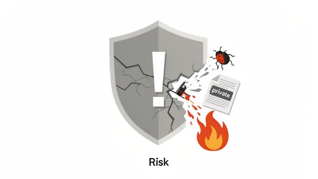 A cracked shield with an exclamation mark, a bug stealing 'private' documents, symbolizing a security risk or data breach.