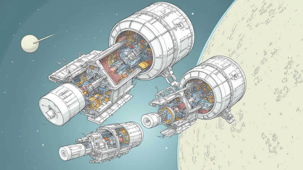 Detailed cutaway illustration of cylindrical space modules revealing intricate internal machinery near a planet.