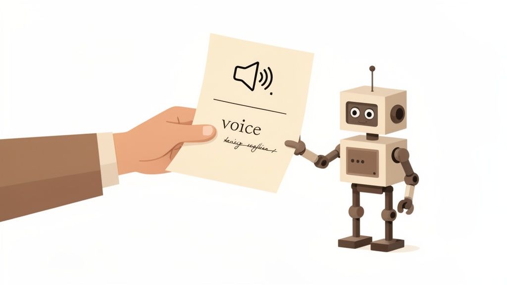 A human hand presents a document with a speaker icon and 'voice' to a beige robot.