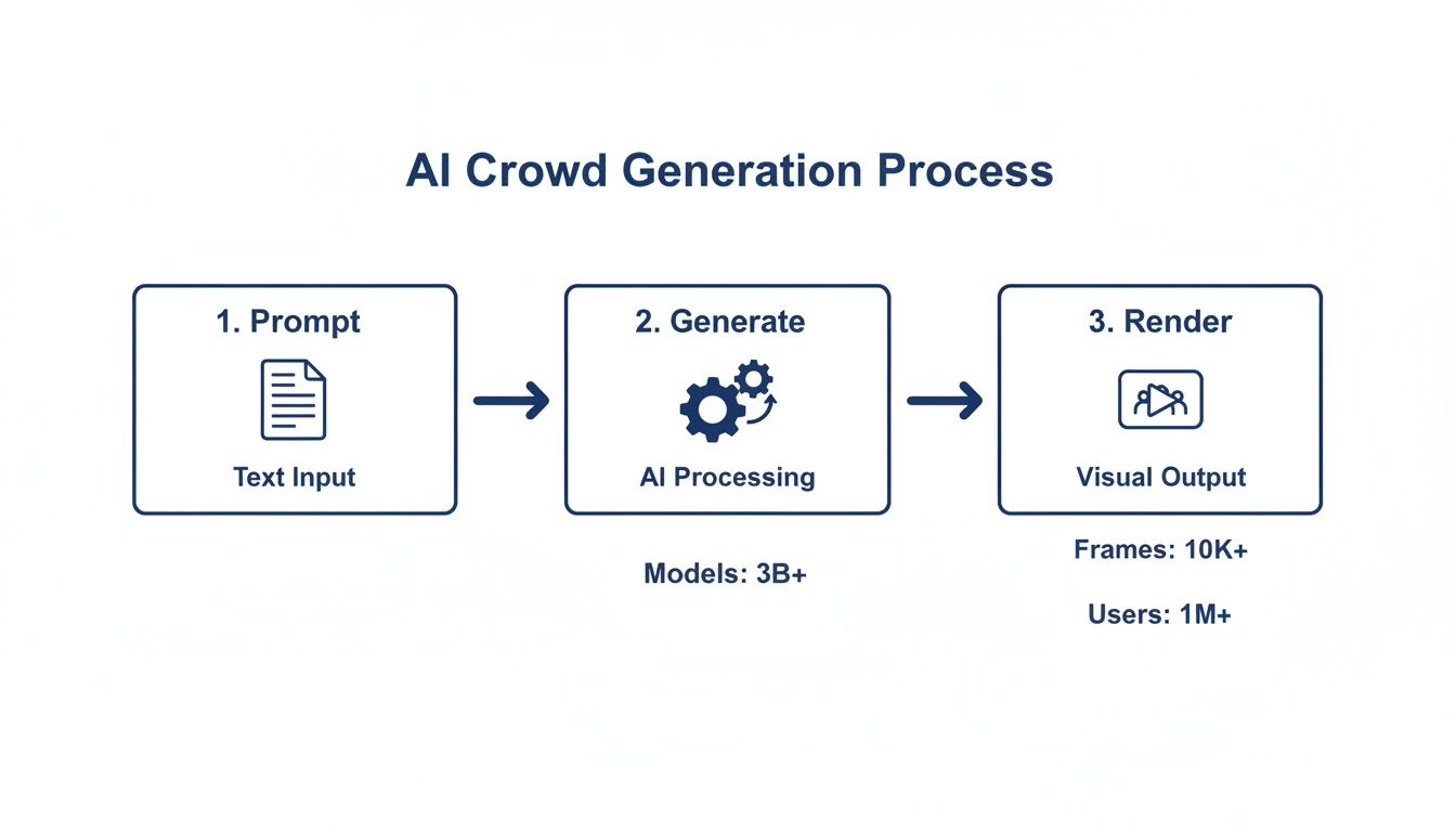 A flowchart illustrates the AI crowd generation process, including prompt, generate, and render steps with metrics.