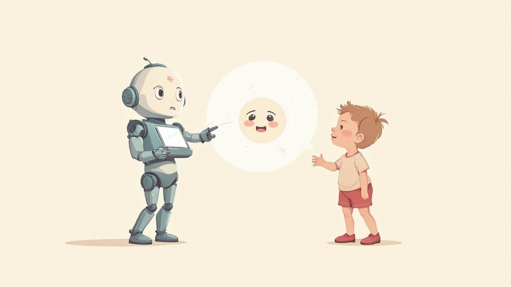 A cute robot points to a smiling speech bubble as a young boy looks on in discussion.