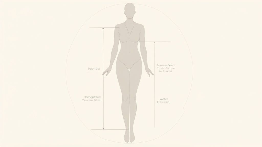 A minimalistic fashion croquis of a female figure with subtle measurement lines and text.