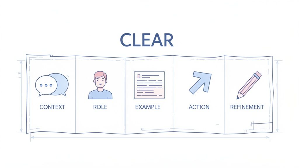 A diagram outlining the CLEAR framework for effective AI prompts with icons and corresponding text labels.