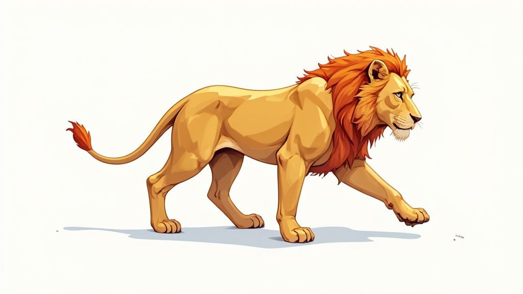 A brightly colored cartoon lion with a fiery orange mane slowly walks on a clean white surface.