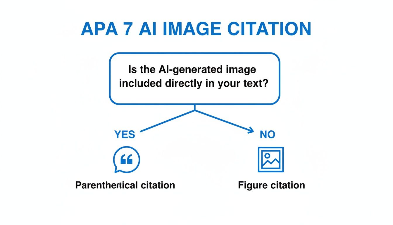 A flowchart explaining APA 7 citation for AI-generated images, distinguishing between parenthetical and figure citations.