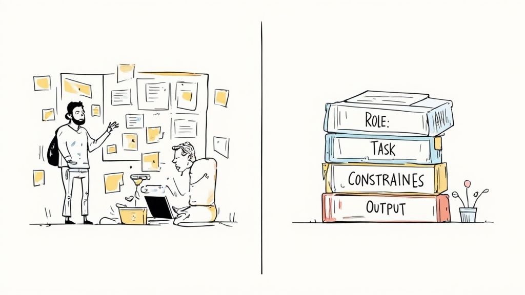 Two distinct scenes illustrate creative brainstorming with sticky notes and a structured framework of concept books.