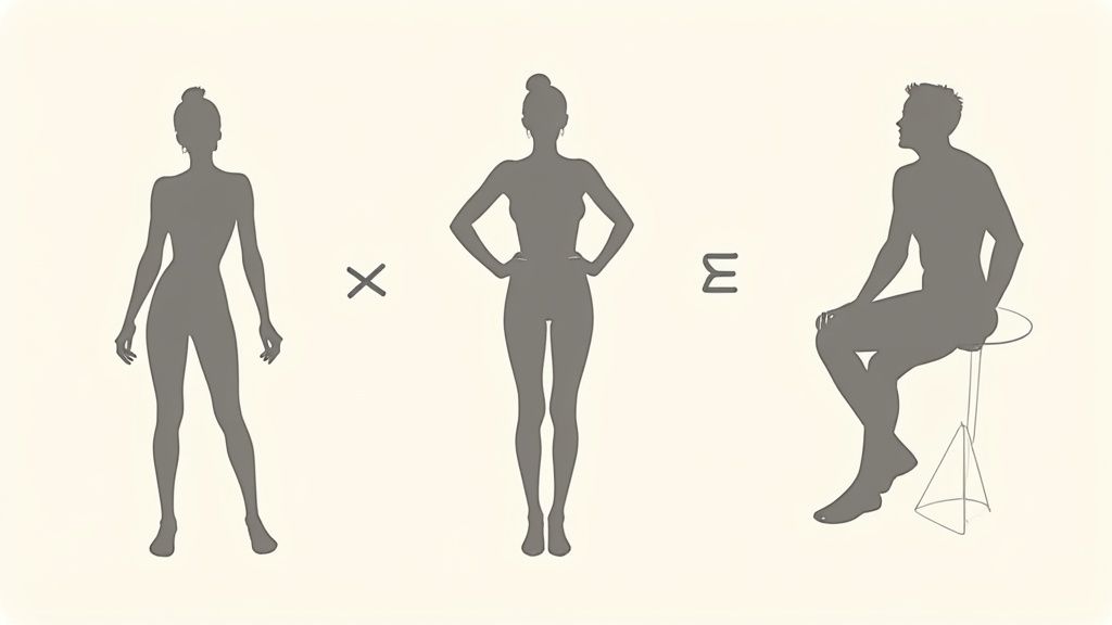 Grey silhouettes of two women and a man, with multiplication and equivalence symbols.