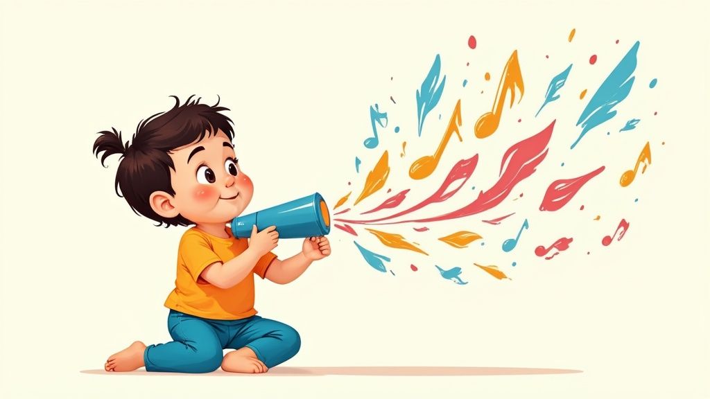 A happy cartoon child sitting with a megaphone creates a burst of colorful musical notes and shapes.