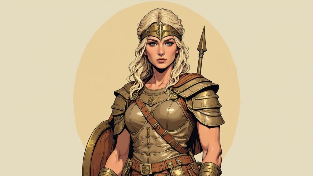 A formidable blonde warrior woman in golden armor with a spear and shield, ready for battle.