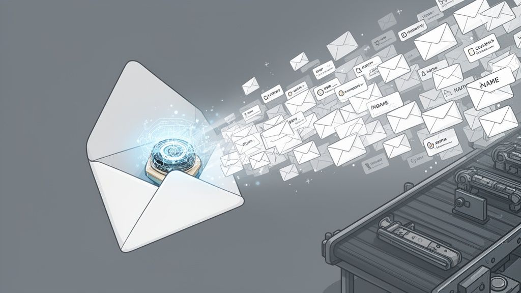 Digital data, like personalized emails and information, flowing from an envelope to a conveyor belt.
