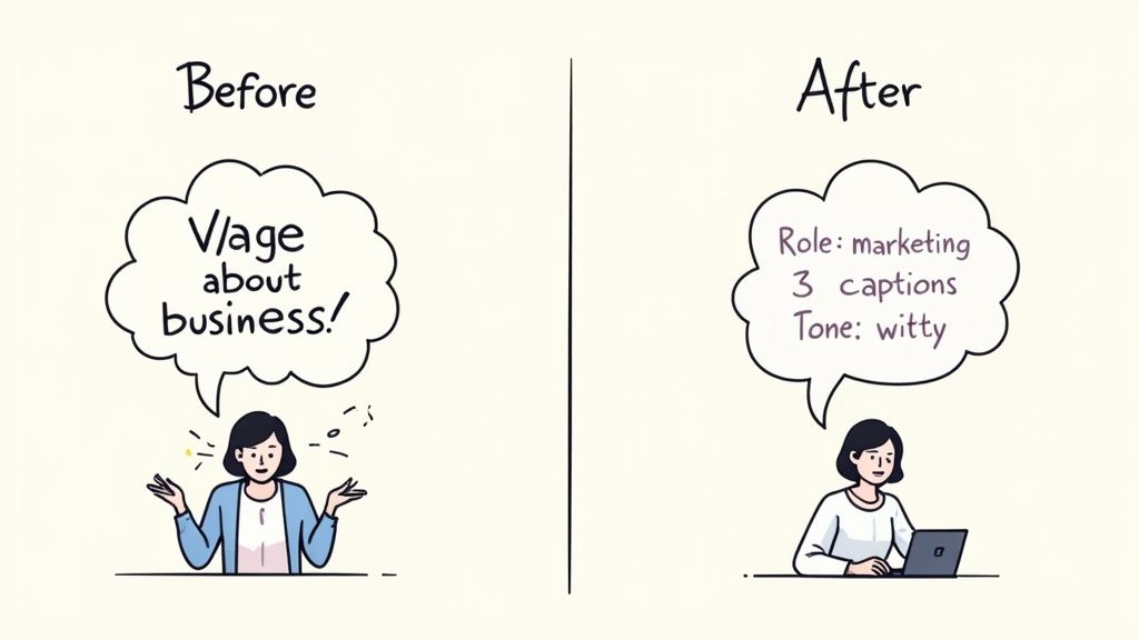 Cartoon showing a woman giving a vague prompt ('V/age about business!') versus a specific prompt ('Role: marketing, 3 captions, Tone: witty').