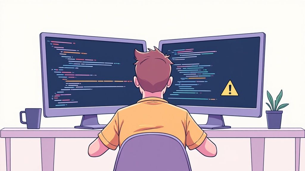 Developer working on dual monitors with code and warning alert symbol displayed on screens