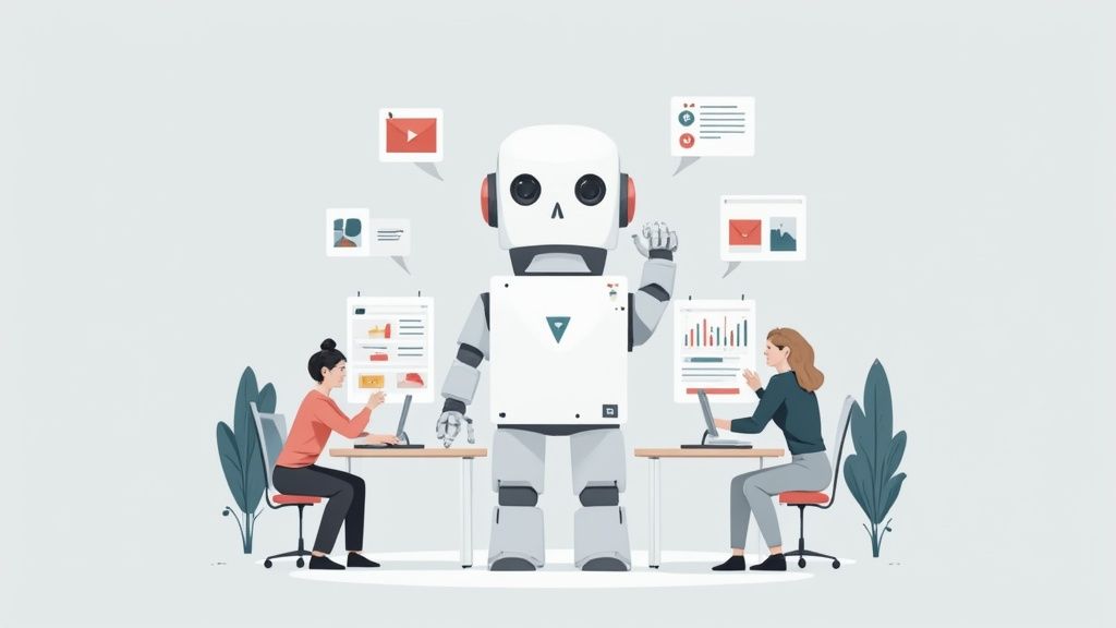 A large robot assists two women working on laptops with data and communication tasks, symbolizing AI workflows.