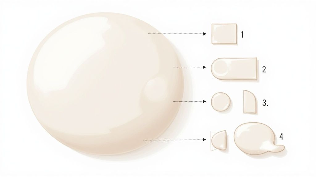 Illustration of a smooth, light-colored bubble or sphere showing four different derived shapes.