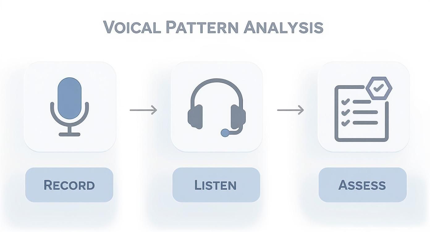 Infographic showing a three-step process to analyze vocal patterns Record with a microphone, Listen with headphones, and Assess with a checklist.