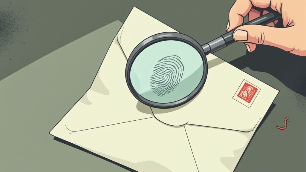 A hand holds a magnifying glass over a beige envelope, revealing a prominent fingerprint on its surface.