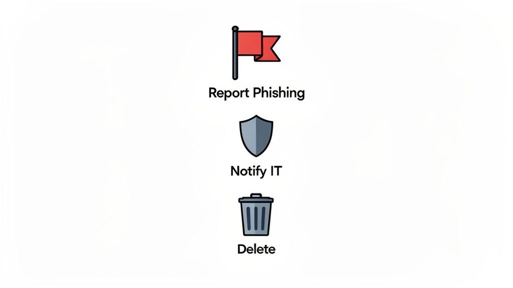 Icons illustrating steps to handle phishing: Report Phishing, Notify IT, and Delete.
