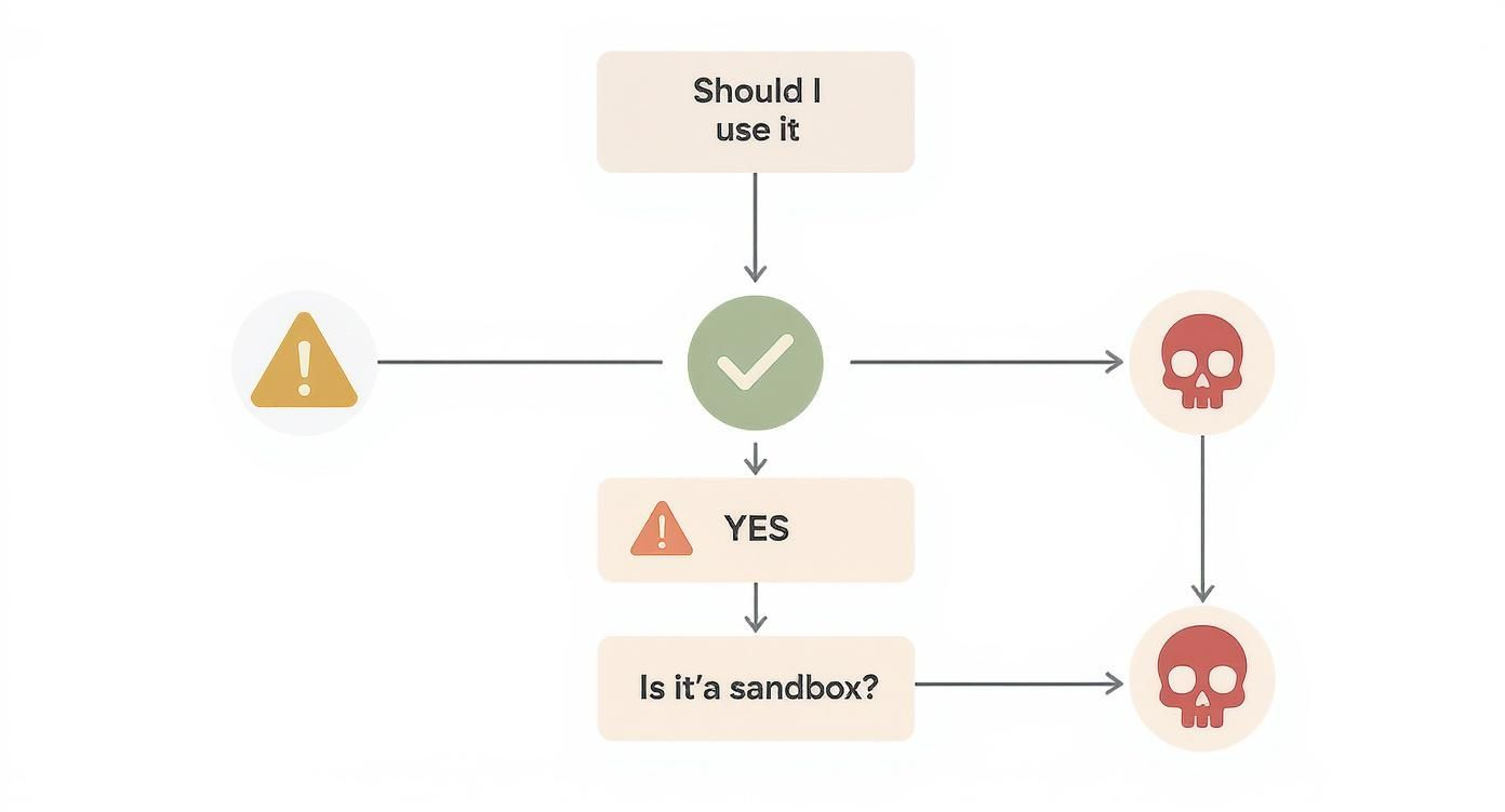 Flowchart showing decision tree with warning signs and skull icons representing dangerous outcomes