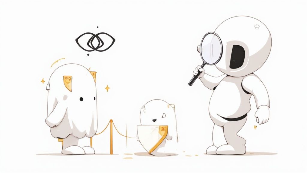 A large character with a magnifying glass investigates two smaller, ghost-like figures behind a golden rope barrier, one holding a shield.