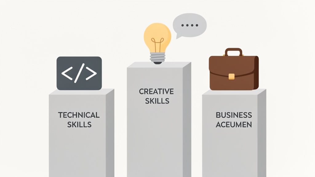 Three pedestals display essential skills: technical, creative, and business acumen, for professional success.