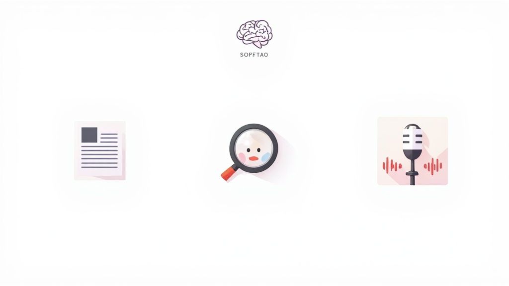 An AI interface showing icons for text, images, and audio, representing its multimodal capabilities.