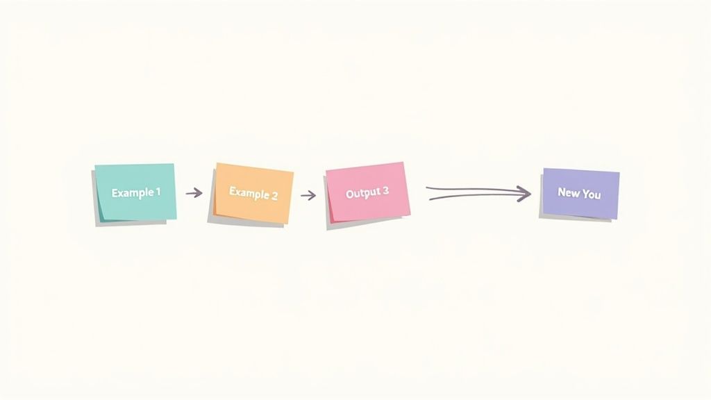 A series of colorful sticky notes illustrating a process from examples and output to a 'New You'.