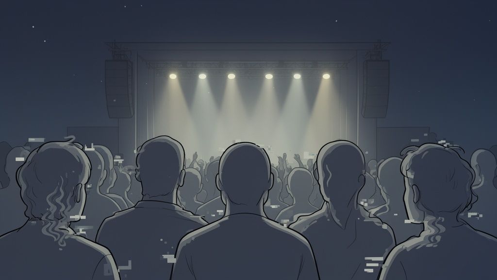 AI-generated image of a concert crowd from behind, looking at a stage with bright lights.