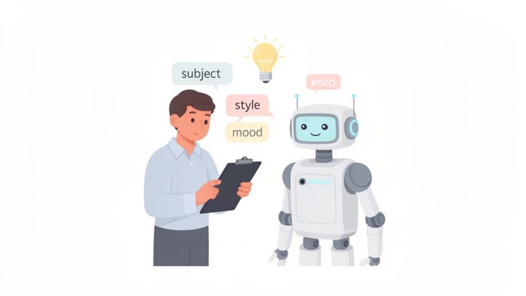 A man provides prompts like subject, style, and mood to a smiling AI robot with a lightbulb.