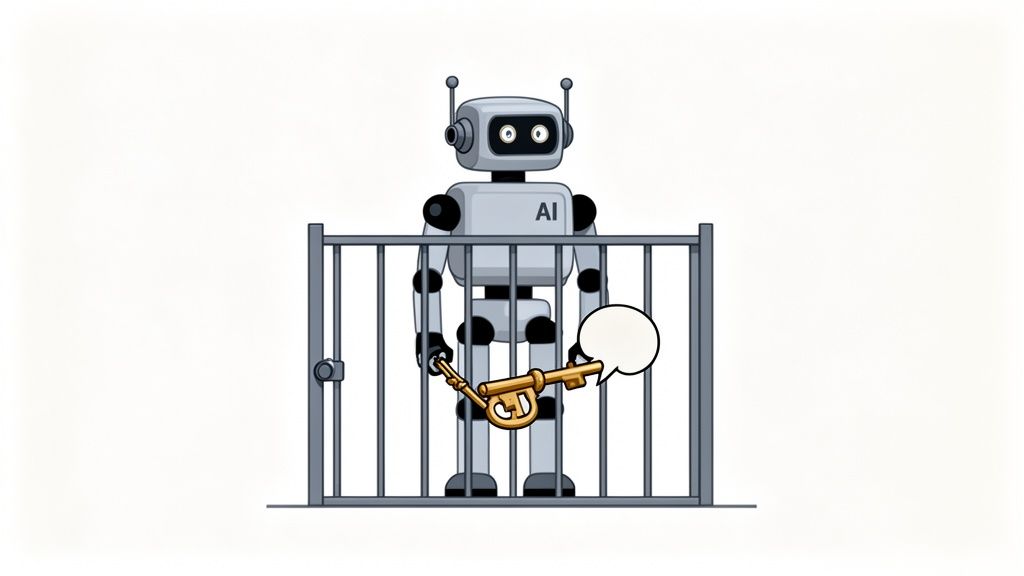 An AI robot stands behind a gray gate, holding a golden key and a speech bubble.