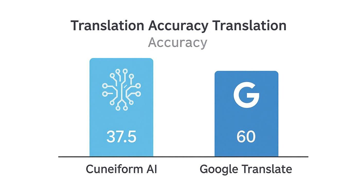 Bar chart comparing translation accuracy: Cuneiform AI at 37.5% and Google Translate at 60%.