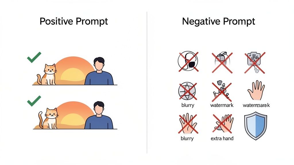 An AI image prompting guide: positive prompts show desired elements, negative prompts eliminate blur, watermarks, and extra hands.