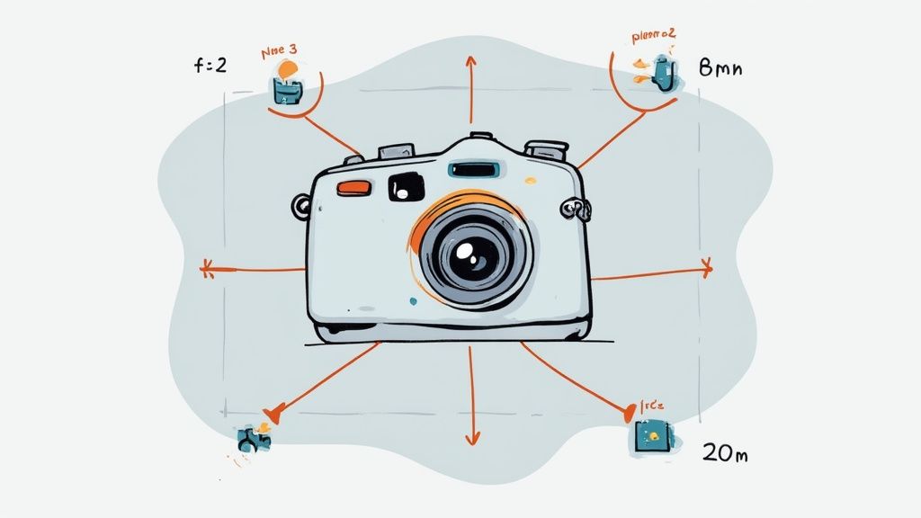 A cartoon camera diagrammed with various photography settings and parameters like f-stop and distances.