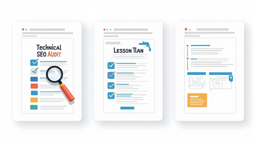 Three digital documents showing a technical SEO audit checklist, a lesson plan, and a document with a timeline and diagrams.