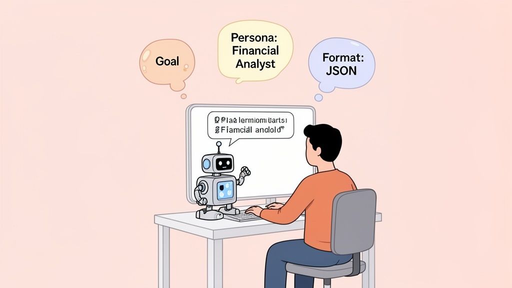 A person defines an AI prompt on a computer, specifying a goal, financial analyst persona, and JSON format.