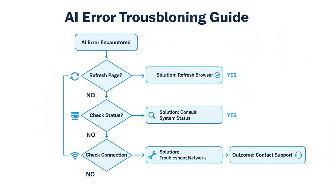 A flowchart titled 'AI Error Troubleshooting Guide' detailing steps to resolve issues from refreshing page to checking network.