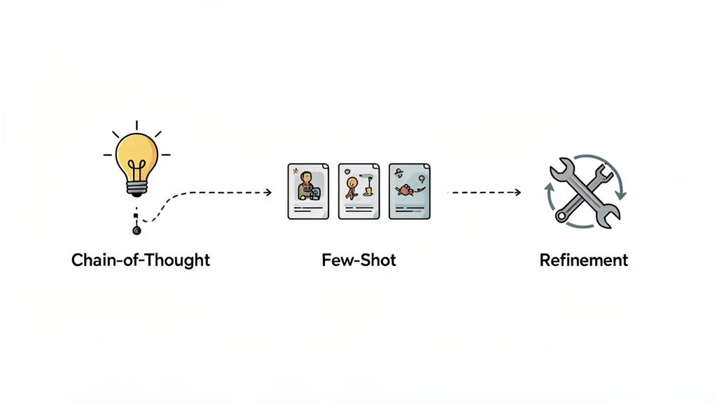 Diagram illustrating 'Chain-of-Thought' (lightbulb), 'Few-Shot' (cards), and 'Refinement' (wrenches) in a process flow.
