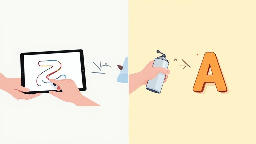 A split image showing digital drawing on a tablet and spray painting a bubble graffiti letter 'A'.